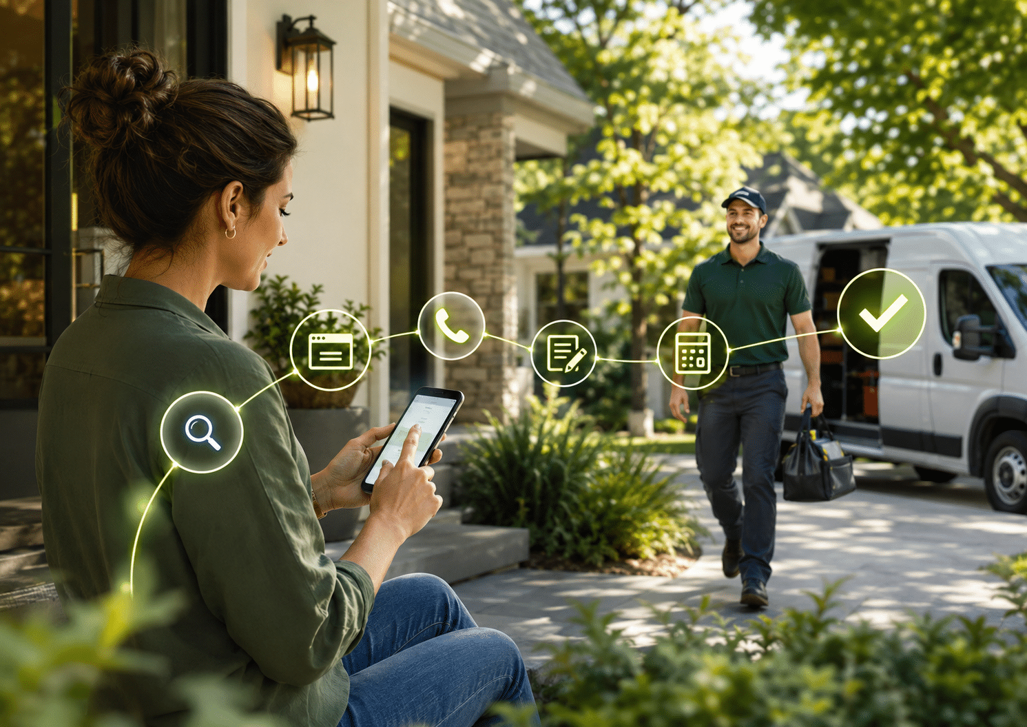 Homeowner using a smartphone as a home service technician arrives, representing the journey from online search to call, estimate, and booked job.