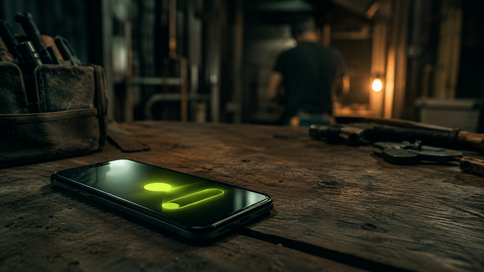Smartphone ringing unanswered on a work site while a home service technician stays focused on the job, illustrating the cost of a missed call for home service businesses