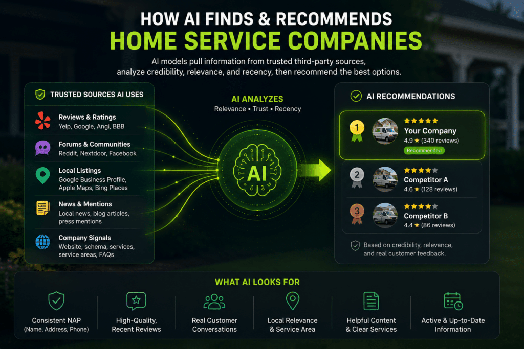 AI recommendations are influenced by a wider trust layer, including reviews, directories, local listings, community mentions, schema, and helpful content.
