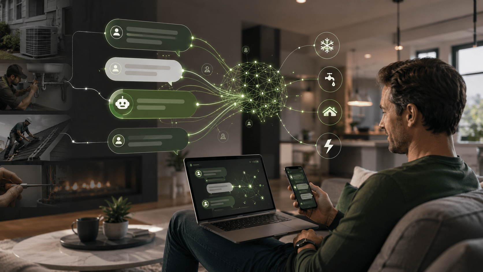 Homeowner using AI search to ask detailed home service questions, showing how Prompt Farming helps service companies match conversational customer prompts.